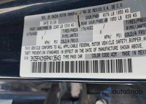 2024 Mazda Mazda3 2.5 S Preferred z USA, uszkodzony, nr VIN 3MZBPACM8RM413543